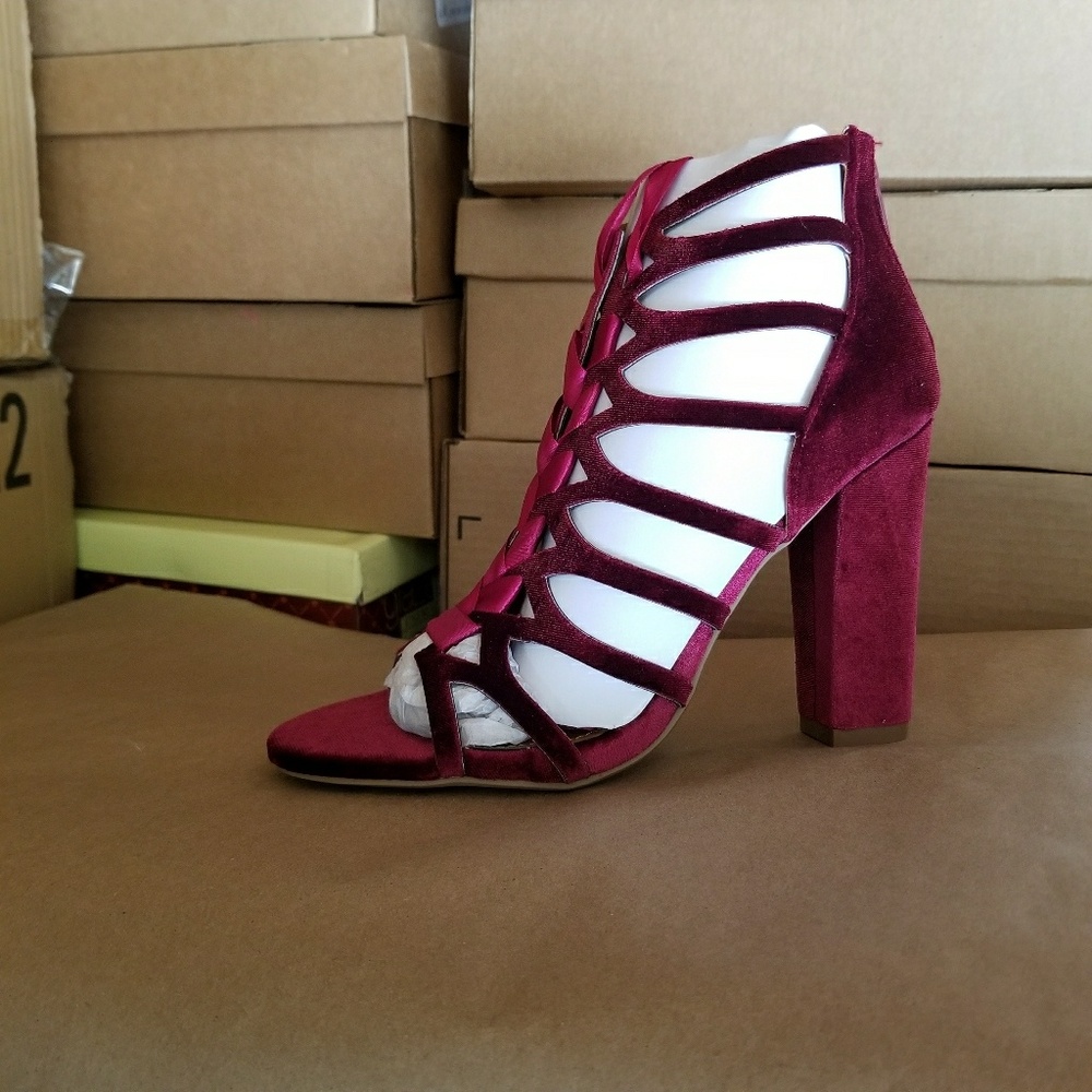 Sharon-Soft Velvet Lace Up Caged Sandal Block Heel